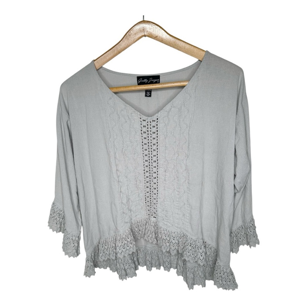 Gretty Zueger 3/4 Sleeve Cotton Top Crochet Trim Gray V-neck Size Medium